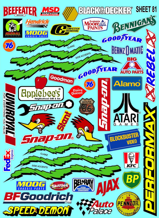 White Vinyl Sticker Variety Sheet 81-1/10th - 1/8th Scale Large 6.8" x 9.2"h Vinyl R/C Model Decal Sticker Sheet Radio Control Lexan Body