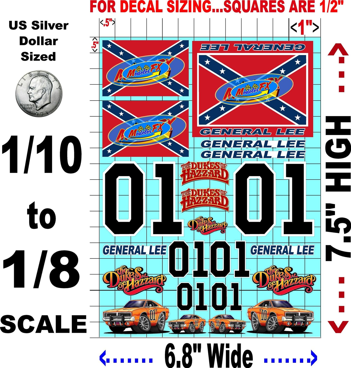 White Vinyl Sticker Sheet Dukes Sheet of Hazzard-1/10th - 1/8th Scale Large 6.8" x 9.2"h Vinyl R/C Model Decal Sticker Sheet Radio Control Lexan Body