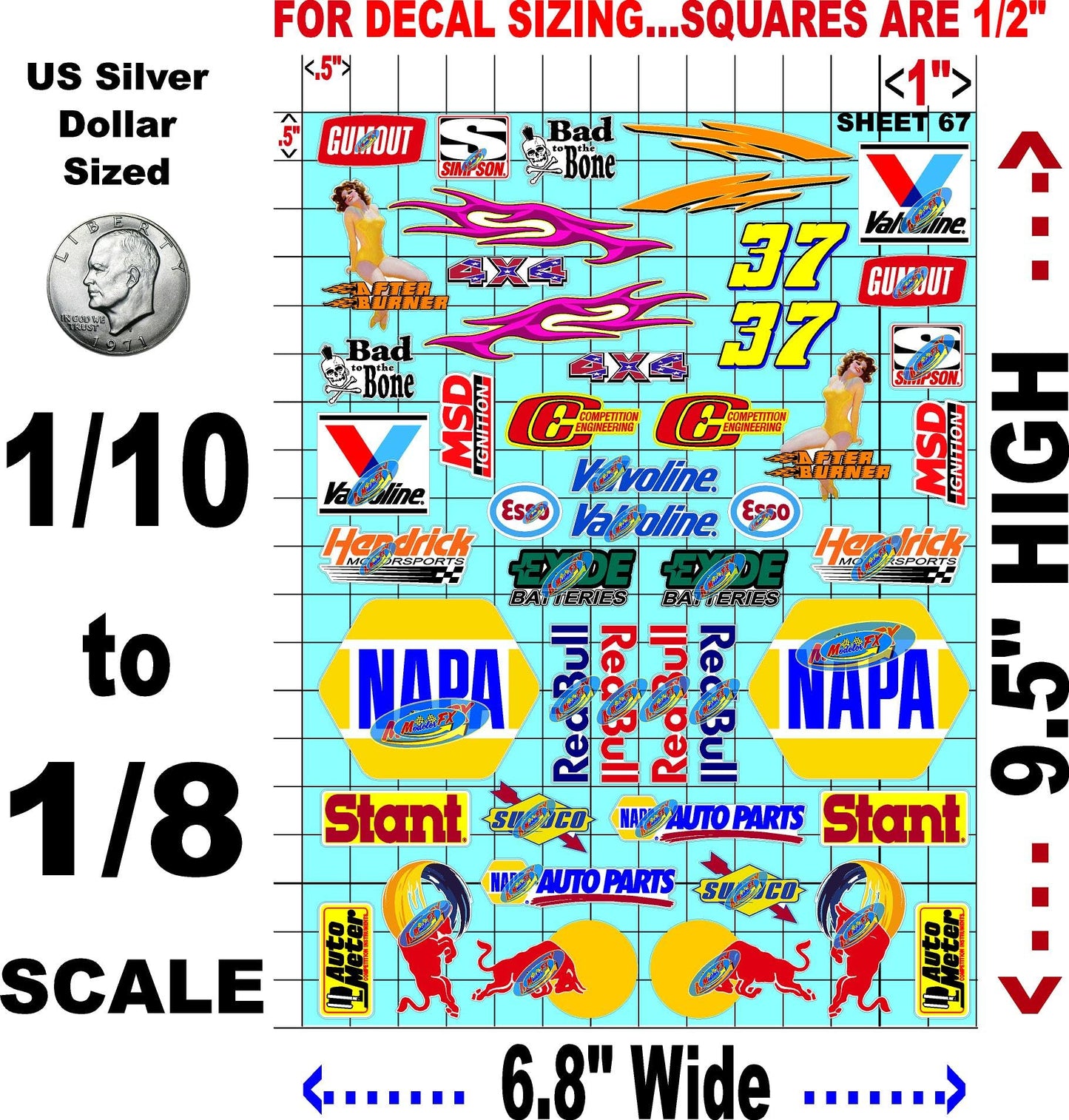 White Vinyl Sticker Variety Sheet 67-1/10th - 1/8th Scale Large 6.8" x 9.2"h Vinyl R/C Model Decal Sticker Sheet Radio Control Lexan Body