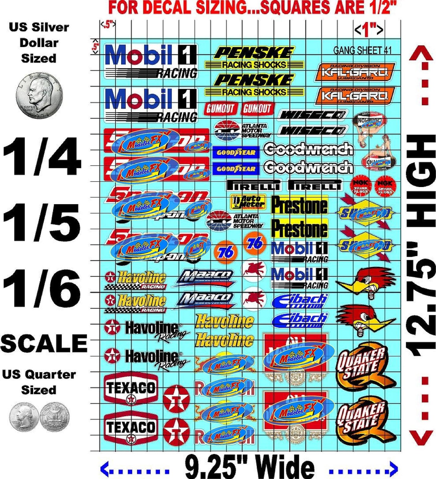 White Vinyl R/C Racing Sponsor Sticker Gang Sheet 41-1/4-1/5 � 1/6th Scale Model Decal Sticker Sheet Radio Control Lexan Body � Die-Cut to Shape - Peel & Stick � Water Slide - Fun