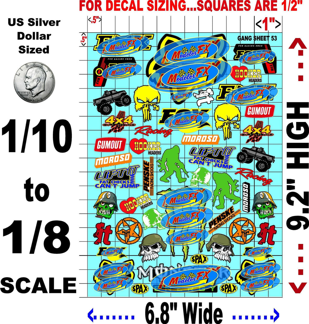 White Vinyl R/C Racing Sponsor Sticker Gang Sheet 53-1/8th � 1/10th Scale Model Decal Sticker Sheet R/C Lexan Body - Decorate Your R/c Cars, Boats, Truck Model � Die-Cut to Shape - Peel & Stick