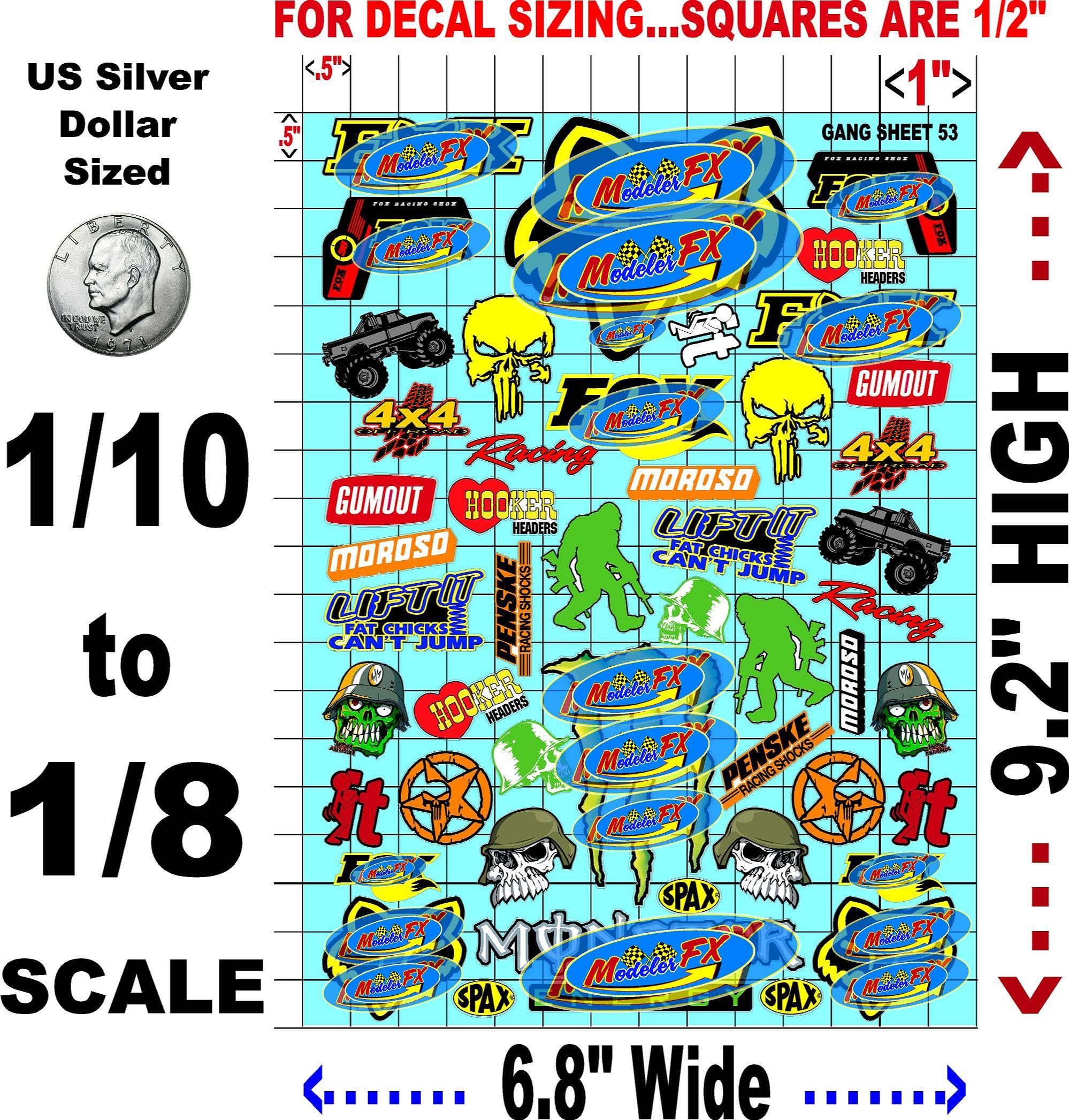 White Vinyl R/C Racing Sponsor Sticker Gang Sheet 53-1/8th � 1/10th Scale Model Decal Sticker Sheet R/C Lexan Body - Decorate Your R/c Cars, Boats, Truck Model � Die-Cut to Shape - Peel & Stick