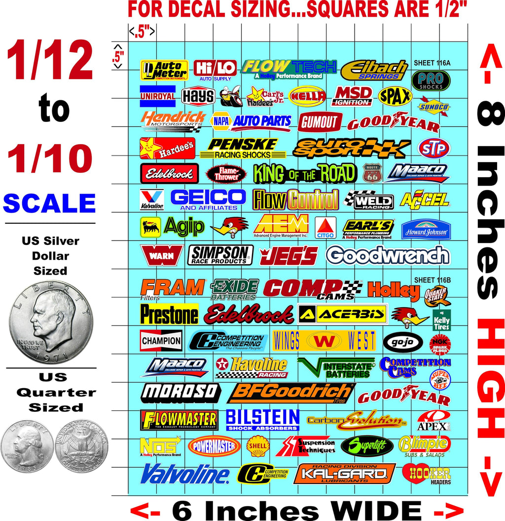 Clear Vinyl Sticker Variety Sheet 116-AB Variety - 1/12 to 1/10th Scale R/C Model Decal Sticker Sheet Radio Control Lexan Body