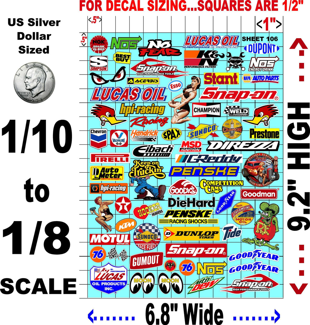 Generic White Vinyl Sticker Sheet 106 Variety-1/10th - 1/8th Scale Large 6.8"" x 9.2""h Vinyl R/C Model Decal Sticker Sheet Radio Control Lexan Body, 105 RAT FINK ROD