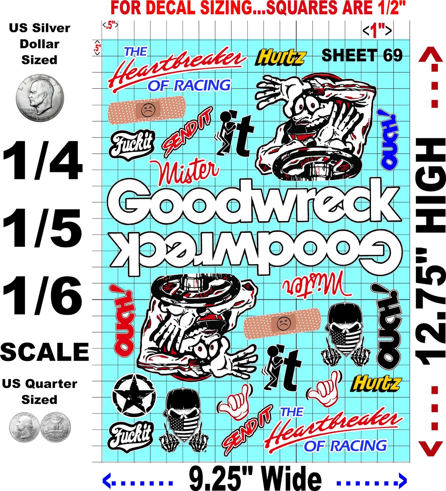 White Vinyl Sheet 69 R/C Racing Sponsor Sticker Gang Sheet Wrench -1/4-1/5 � 1/6th Scale Model Decal Sticker Sheet Radio Control Lexan Body � Die-Cut to Shape - Peel & Stick � Water Slide - Car