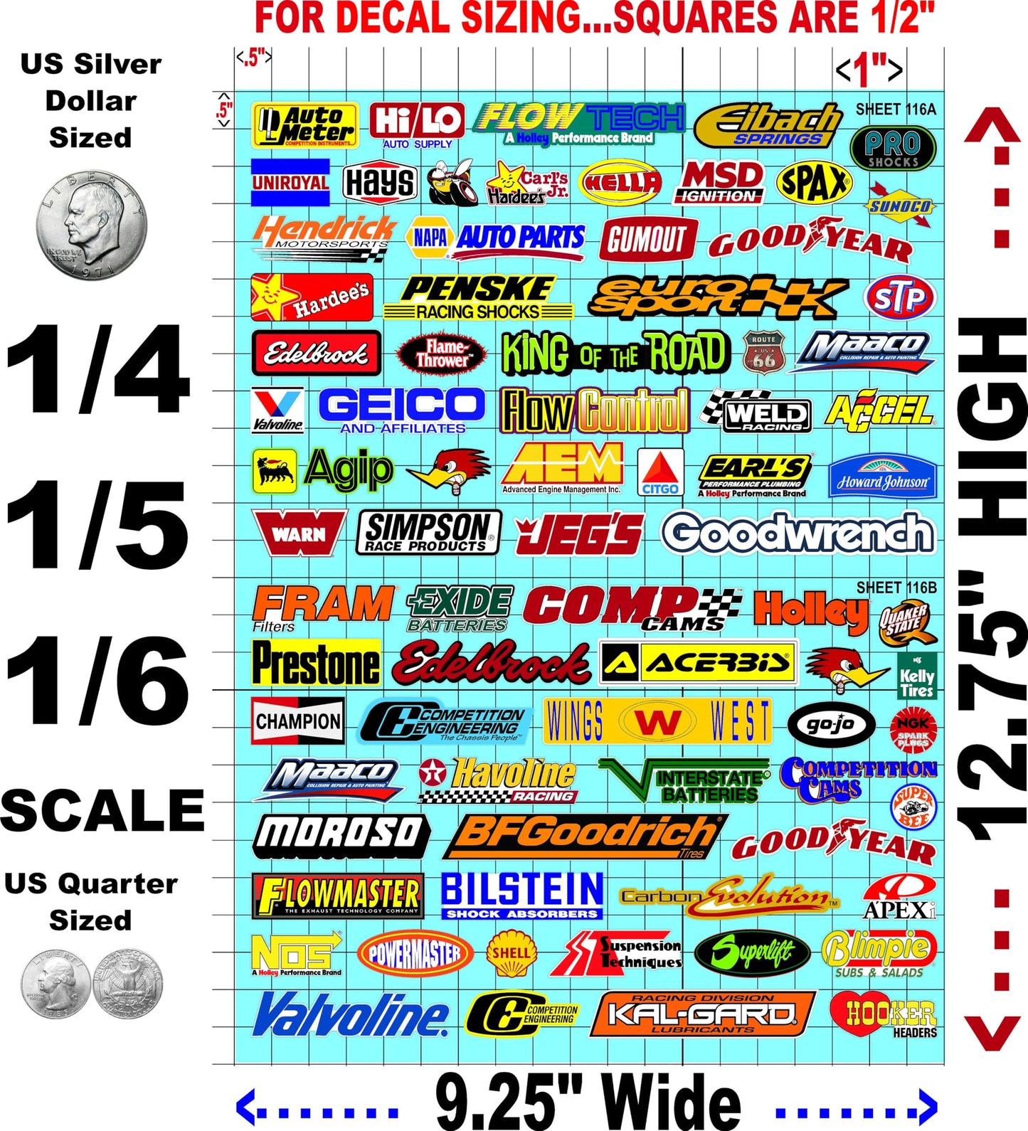 Clear Sheet Clear 116-AB Vinyl R/C Racing Sponsor Sticker Gang Sheet-1/4-1/5-1/6th Scale Decal Sticker Radio Control Lexan Body�Die-Cut to Shape-Peel & Stick�Water Slide