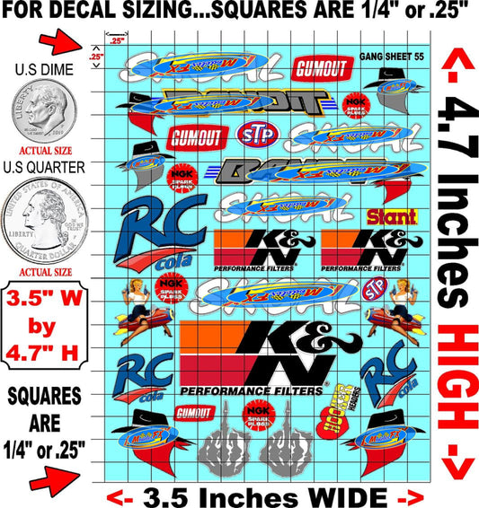 Clear Vinyl R/C Racing Sponsor Sticker Gang Sheet 55-1/24 � 1/16th Scale Model Decal Sticker Sheet Radio Control Lexan Body � Die-Cut to Shape - Peel & Stick � Water Slide