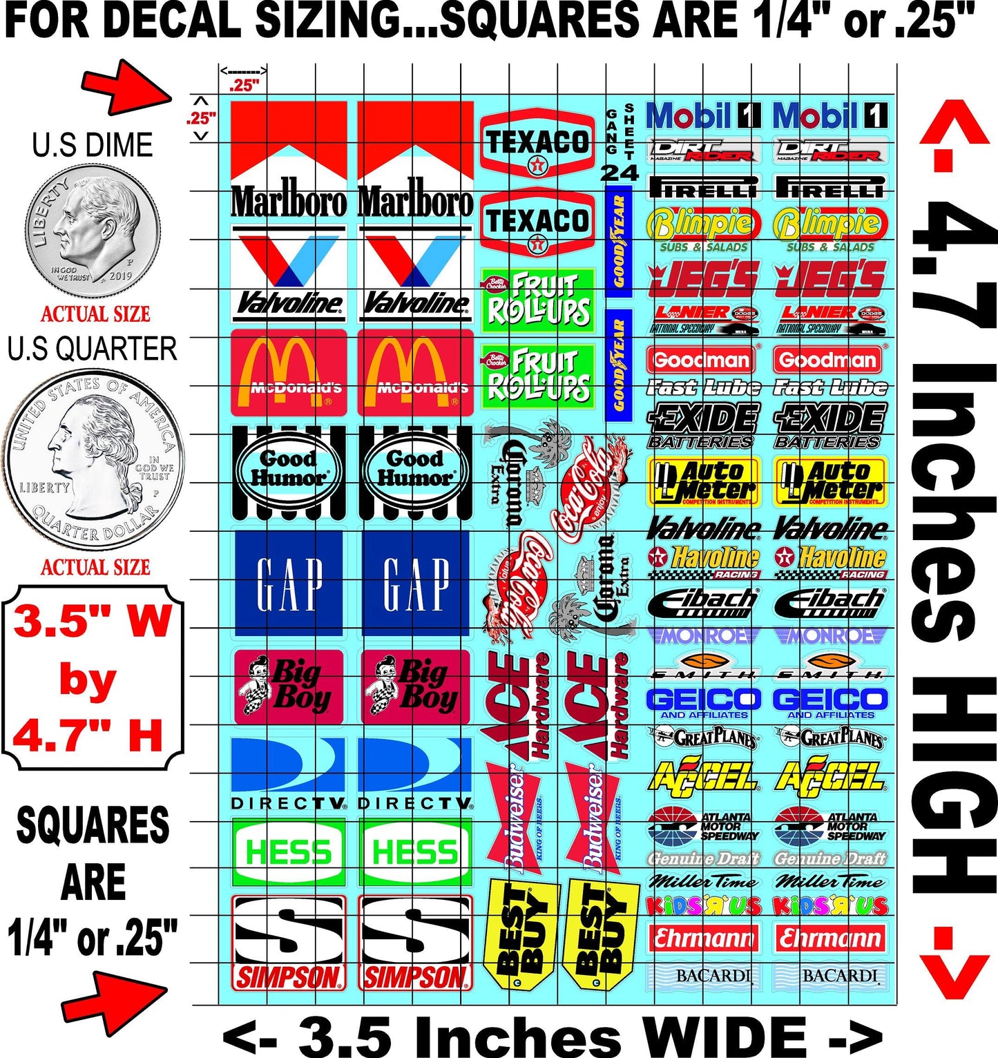 Clear Vinyl R/C Racing Sponsor Sticker Gang Sheet 24-1/24 � 1/16th Scale Model Decal Sticker Sheet Radio Control Lexan Body � Die-Cut to Shape - Peel & Stick � Water Slide