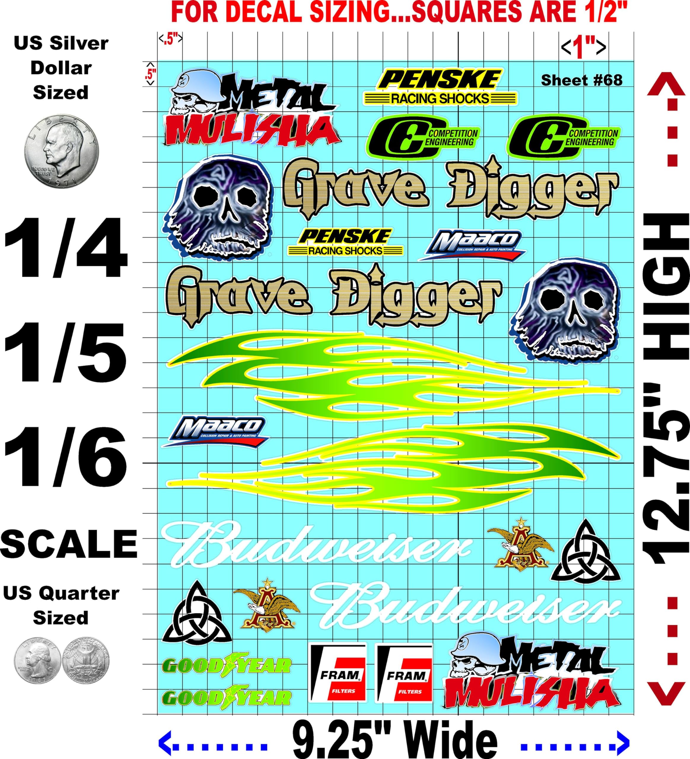 White Vinyl Sheet 68 R/C Racing Sponsor Sticker Gang Sheet Wrench -1/4-1/5 � 1/6th Scale Model Decal Sticker Sheet Radio Control Lexan Body � Die-Cut to Shape - Peel & Stick � Water Slide - Car