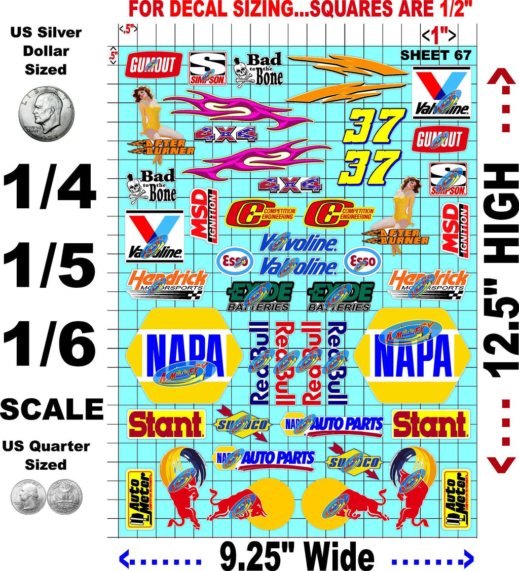 White Vinyl Sheet 67 R/C Racing Sponsor Sticker Gang Sheet Wrench-1/4-1/5–1/6th Scale Model Decal Sticker Sheet Radio Control Lexan Body-Die-Cut to Shape-Peel & Stick–Water Slide-Car