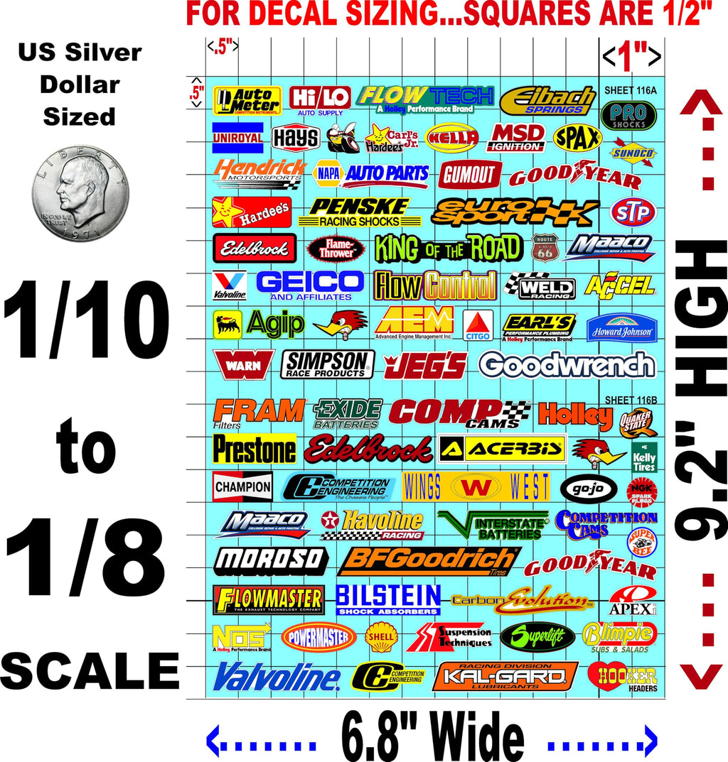 Clear Vinyl Sticker Sheet 116-AB-1/10th - 1/8th Scale Large 6.8" x 9.2"h for Cars, Trucks, Boats Anywhere You can Imagine - Easy to Apply - R/C Model Decal Radio Control Lexan Body