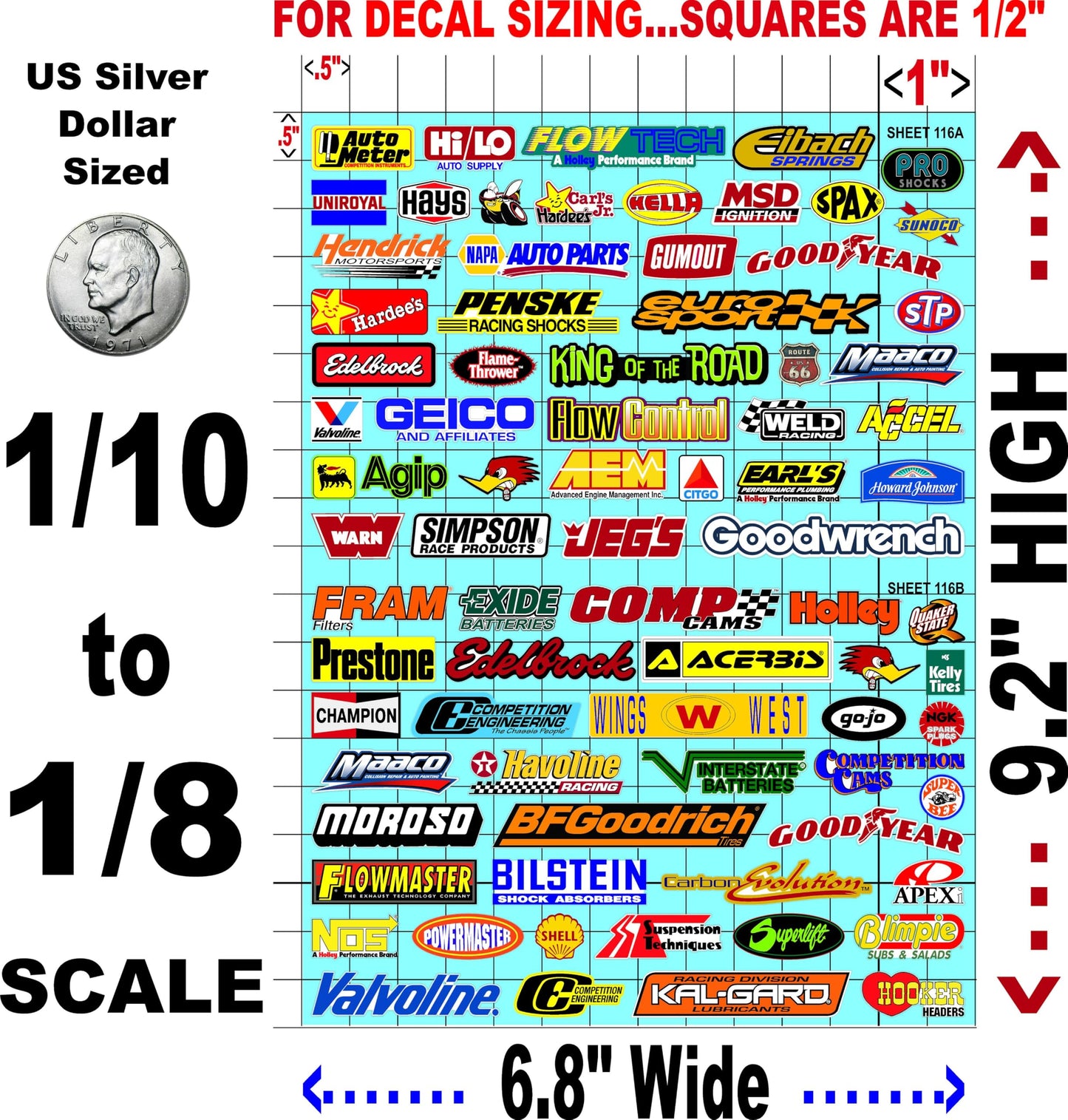 White Vinyl Sticker Sheet 116-AB Variety-1/10th - 1/8th Scale Large 6.8" x 9.2"h Vinyl R/C Model Decal Sticker Sheet Radio Control Lexan Body