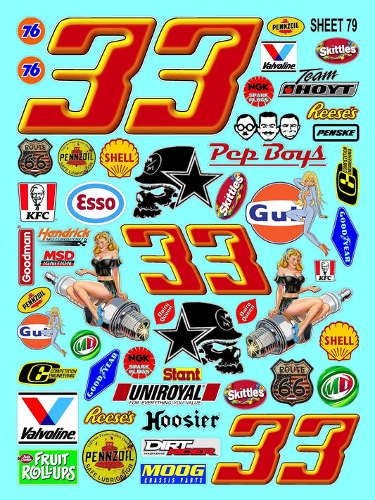 White Vinyl Sticker Variety Sheet 79-1/10th - 1/8th Scale Large 6.8" x 9.2"h Vinyl R/C Model Decal Sticker Sheet Radio Control Lexan Body