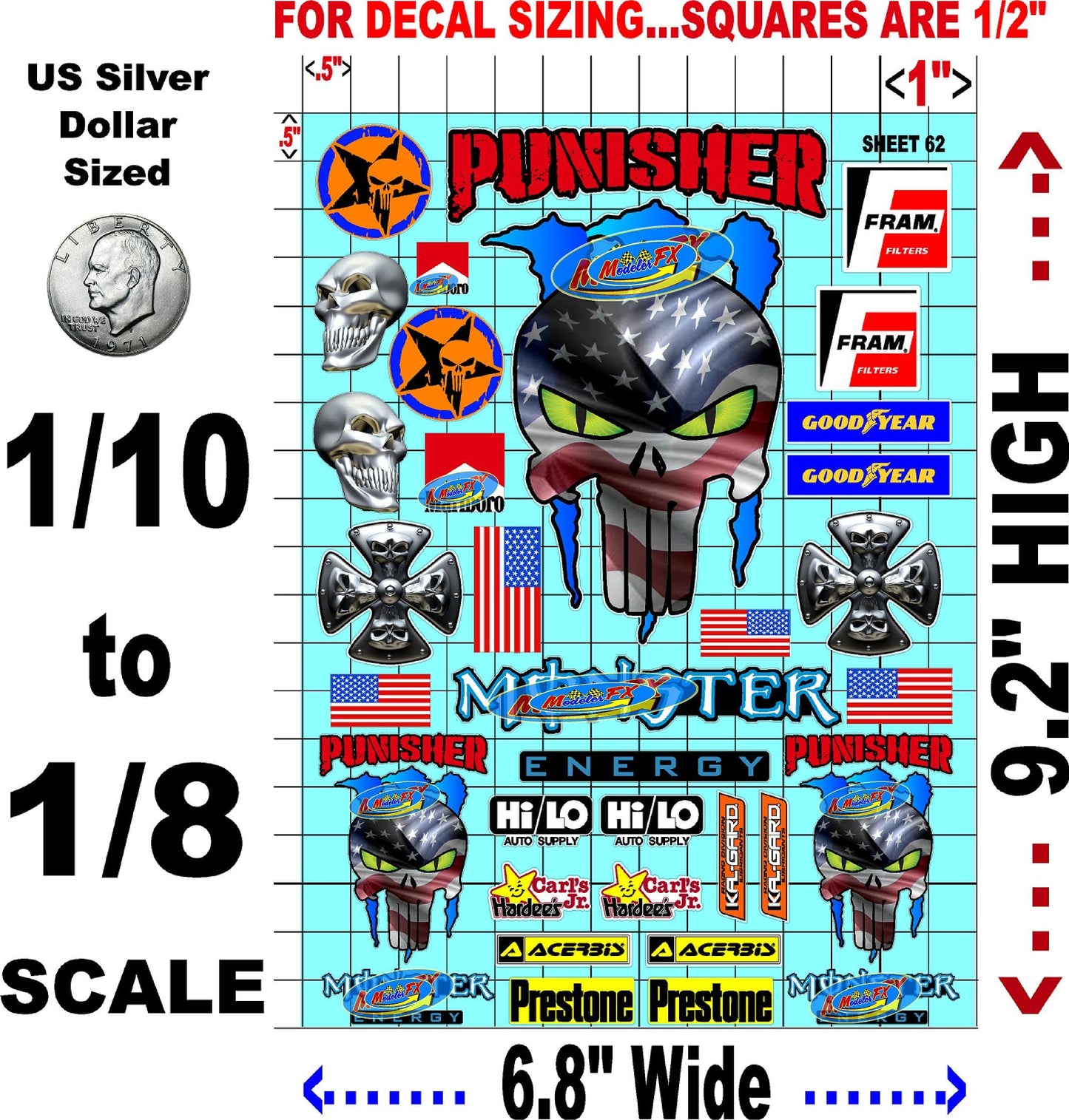 White Vinyl R/C Racing Sponsor Sticker Gang Sheet 62-1/8th � 1/10th Scale Model Decal Sticker Sheet R/C Lexan Body - Decorate Your R/c Cars, Boats, Truck Model � Die-Cut to Shape - Peel & Stick