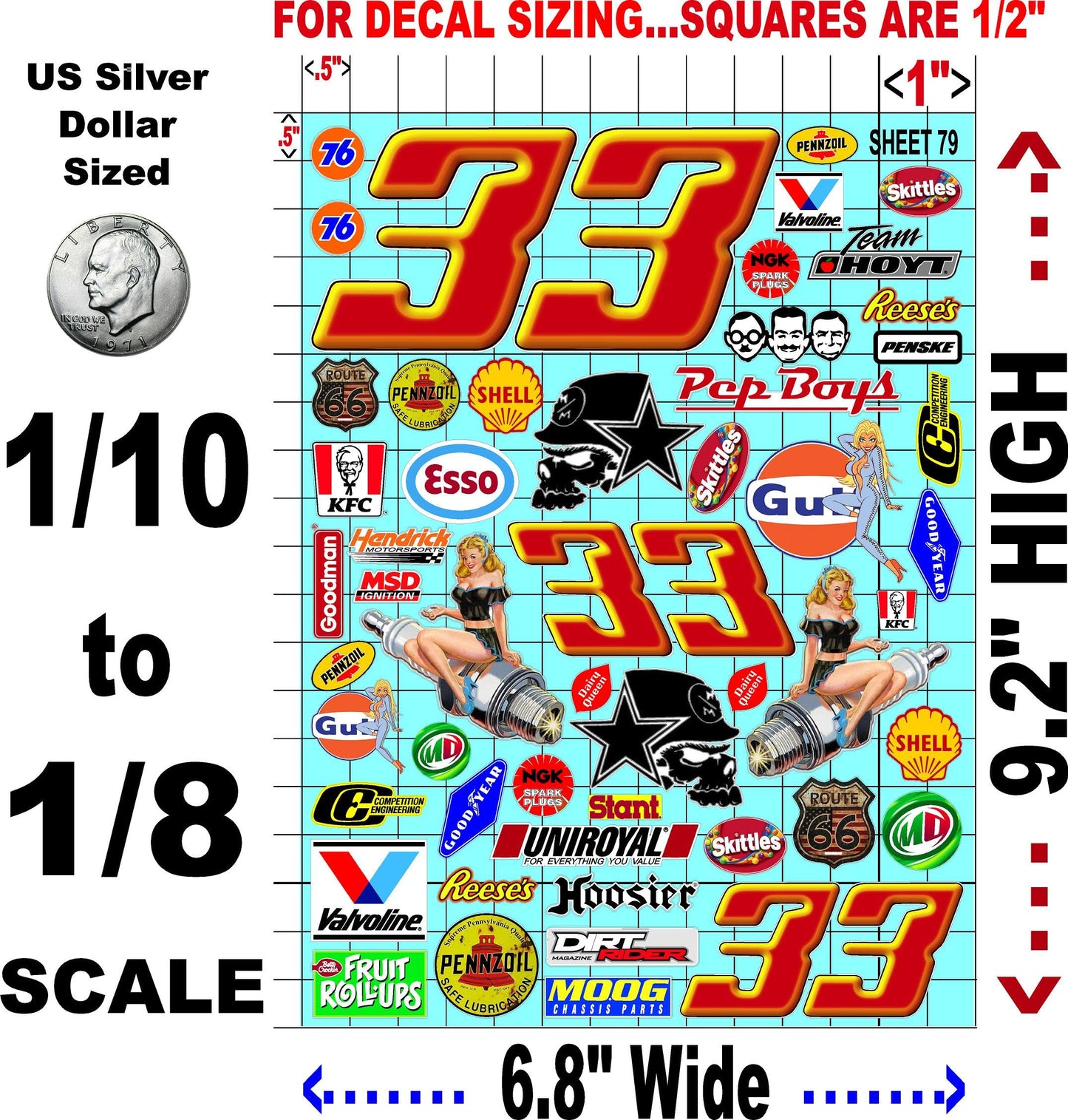 White Vinyl Sticker Variety Sheet 79-1/10th - 1/8th Scale Large 6.8" x 9.2"h Vinyl R/C Model Decal Sticker Sheet Radio Control Lexan Body