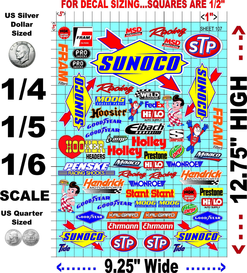 Generic White Vinyl Sheet 107 Variety R/C Racing Sponsor Sticker Gang Sheet Wrench-1/4-1/5�1/6th Scale Model Decal Sticker Sheet Radio Control Lexan Body-Die-Cut to Shape-Peel & Stick�Water Slide-Car
