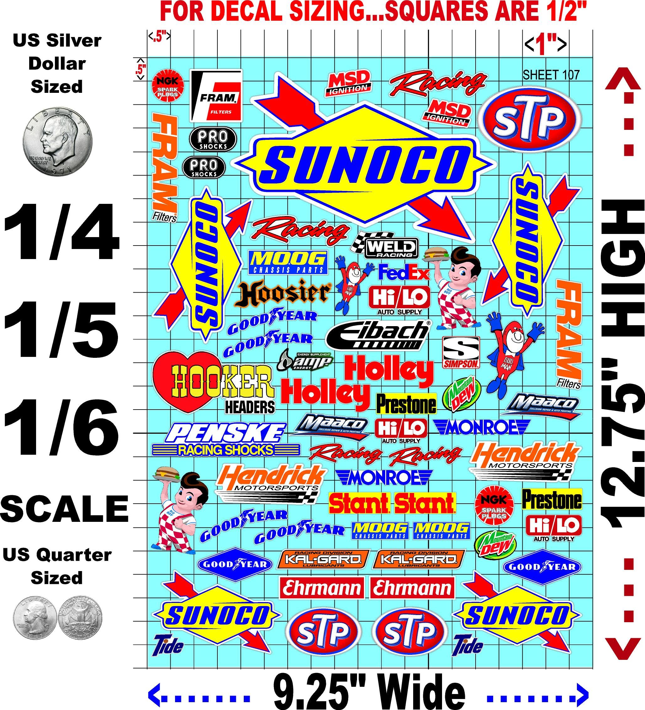 Generic White Vinyl Sheet 107 Variety R/C Racing Sponsor Sticker Gang Sheet Wrench-1/4-1/5�1/6th Scale Model Decal Sticker Sheet Radio Control Lexan Body-Die-Cut to Shape-Peel & Stick�Water Slide-Car