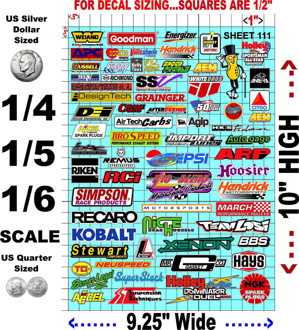 White Vinyl Sheet 111 R/C Racing Sponsor Sticker Gang Sheet Wrench-1/4-1/5�1/6th Scale Model Decal Sticker Sheet Radio Control Lexan Body-Die-Cut to Shape-Peel & Stick�Water Slide-Car