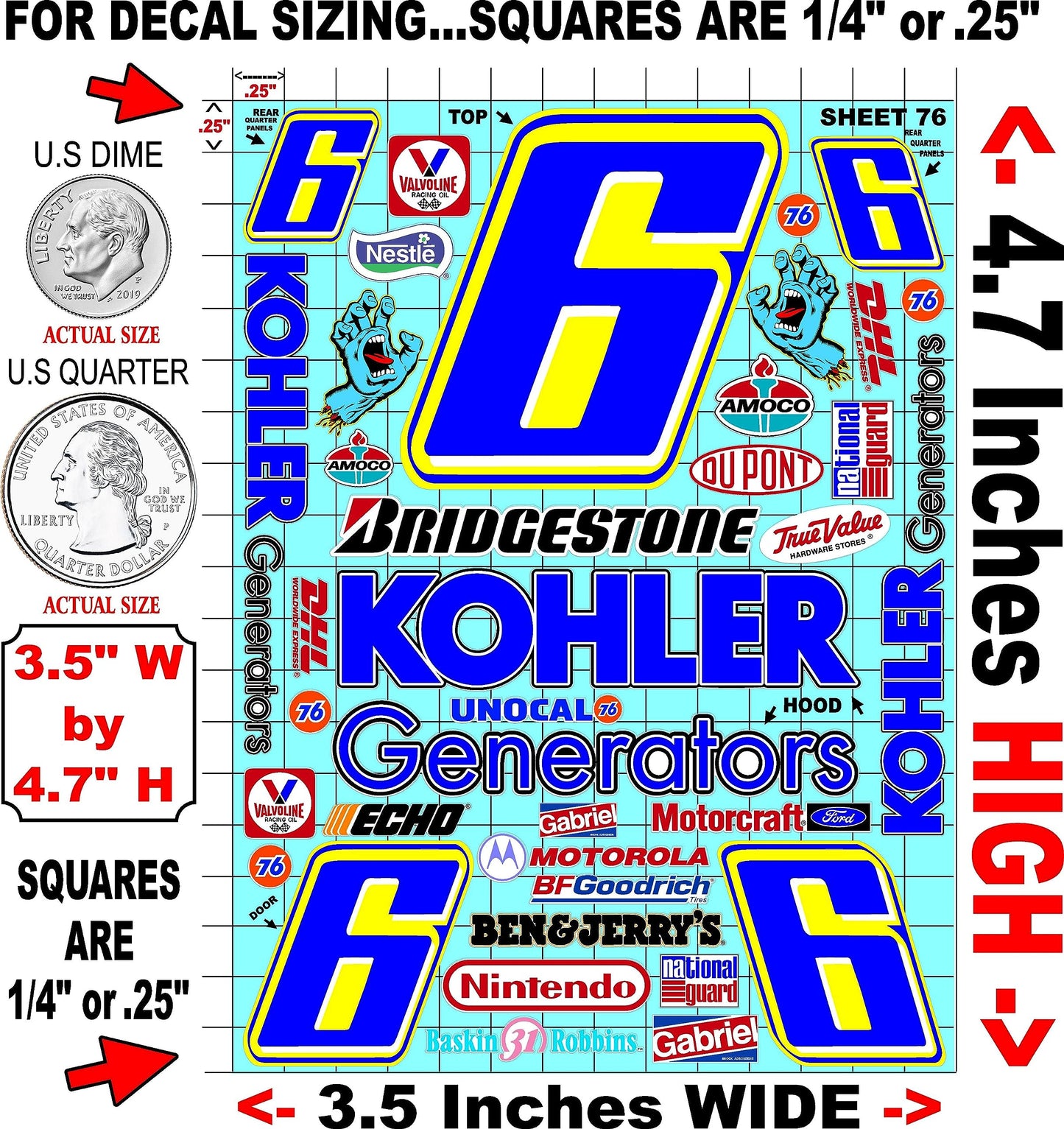 Clear Vinyl 76 R/C Racing Sponsor Sticker Gang Sheet Good -1/24 � 1/16th Scale Model Decal Sticker Sheet Radio Control Lexan Body � Die-Cut to Shape - Peel & Stick � Water Slide