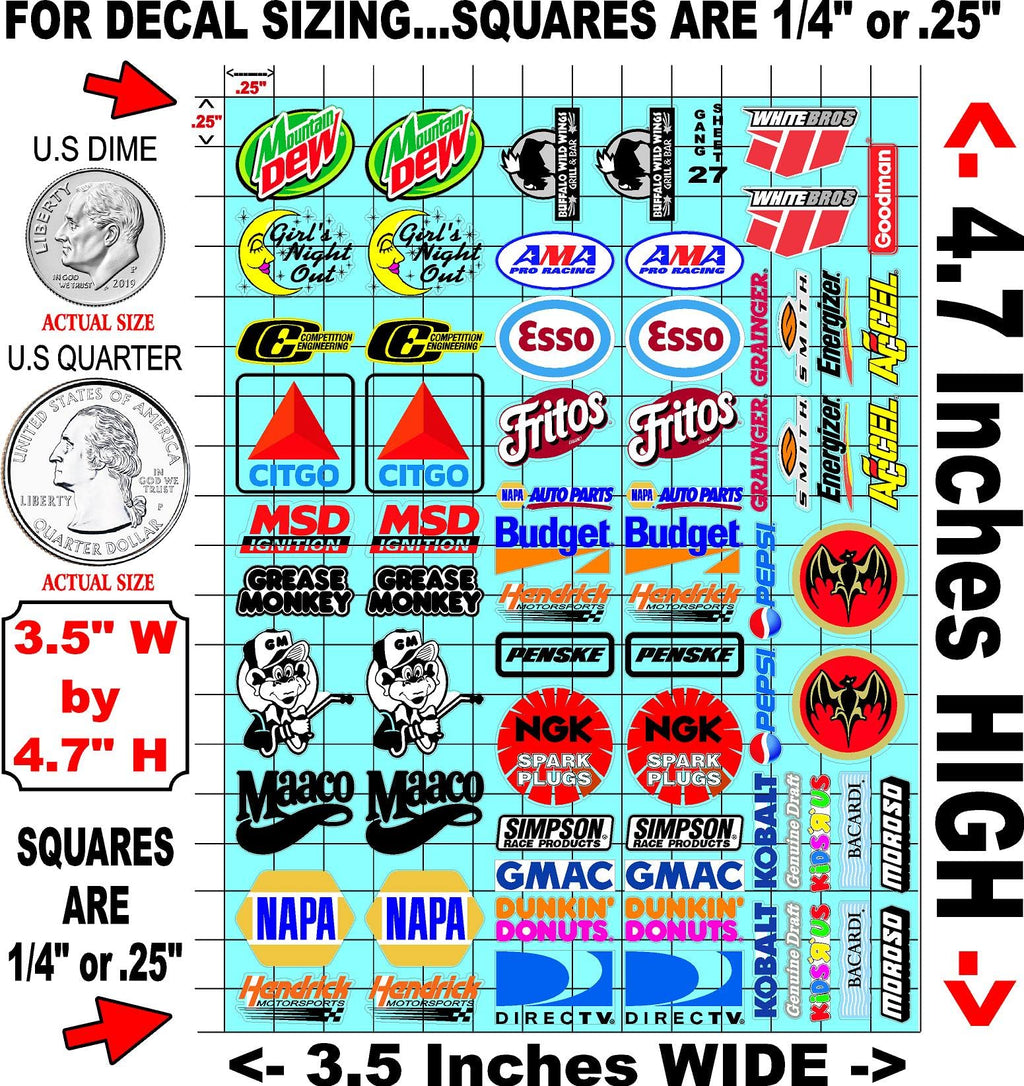 Clear Vinyl R/C Racing Sponsor Sticker Gang Sheet 27-1/24 – 1/16th Scale Model Decal Sticker Sheet Radio Control Lexan Body – Die-Cut to Shape - Peel & Stick – Water Slide