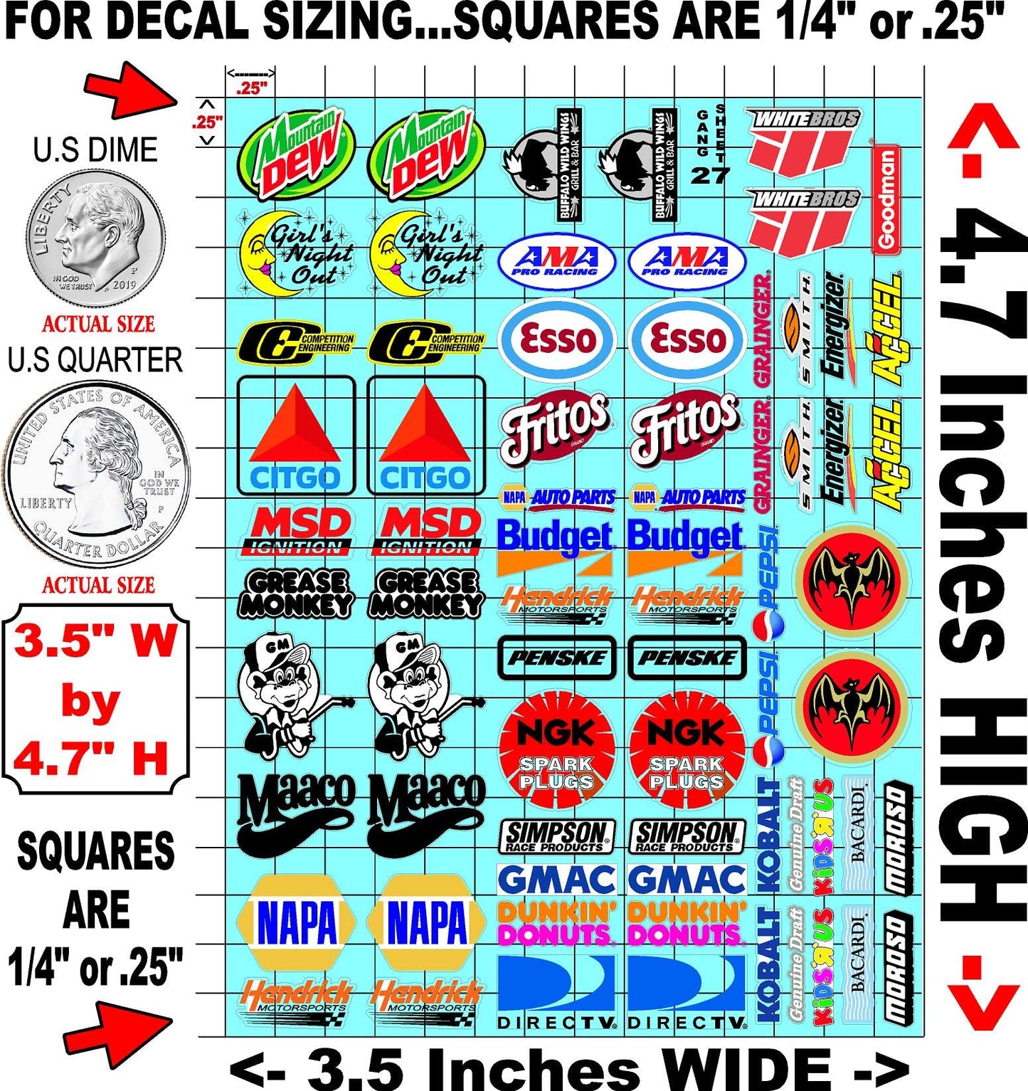 Clear Vinyl R/C Racing Sponsor Sticker Gang Sheet 27-1/24 – 1/16th Scale Model Decal Sticker Sheet Radio Control Lexan Body – Die-Cut to Shape - Peel & Stick – Water Slide