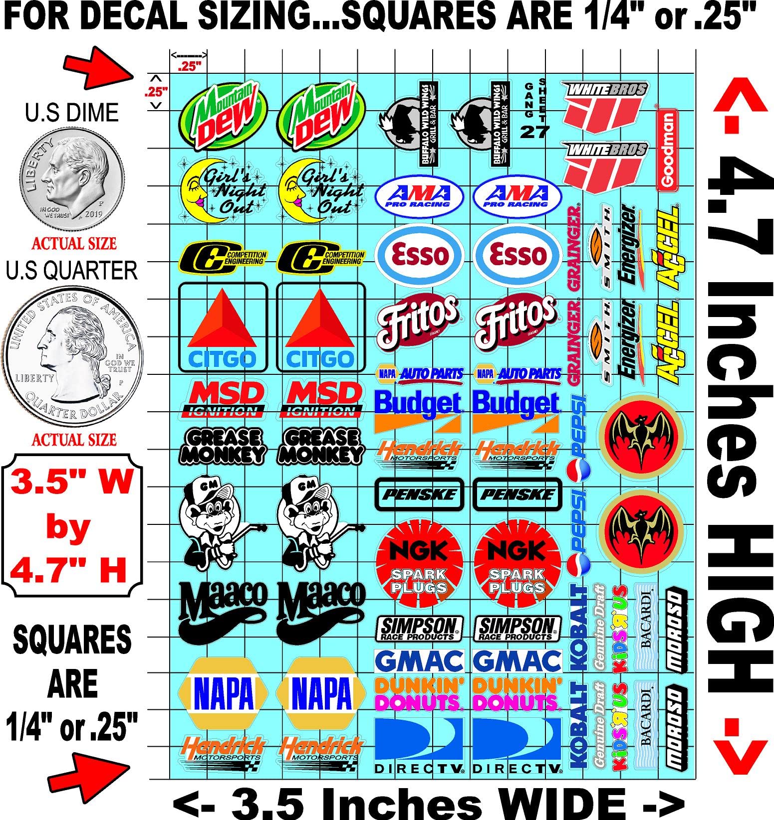 White Vinyl R/C Racing Sponsor Sticker Gang Sheet 27-1/24-1/16th Scale Model Decal Sticker Sheet Radio Control Lexan Body - Decorate Your R/c Cars, Boats, Trucks Scale Model � Die-Cut to Shape