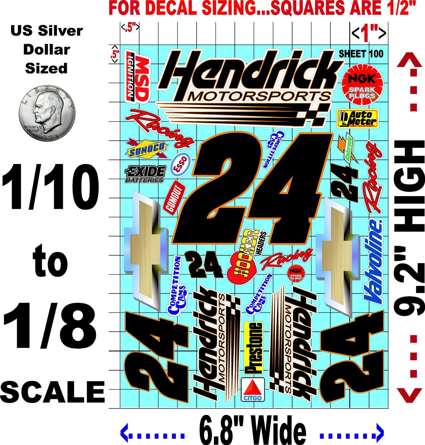 Clear Vinyl Sticker Variety Sheet 100-1/10th - 1/8th Scale Large 6.8" x 9.2"h Vinyl R/C Model Decal Sticker Sheet Radio Control Lexan Body