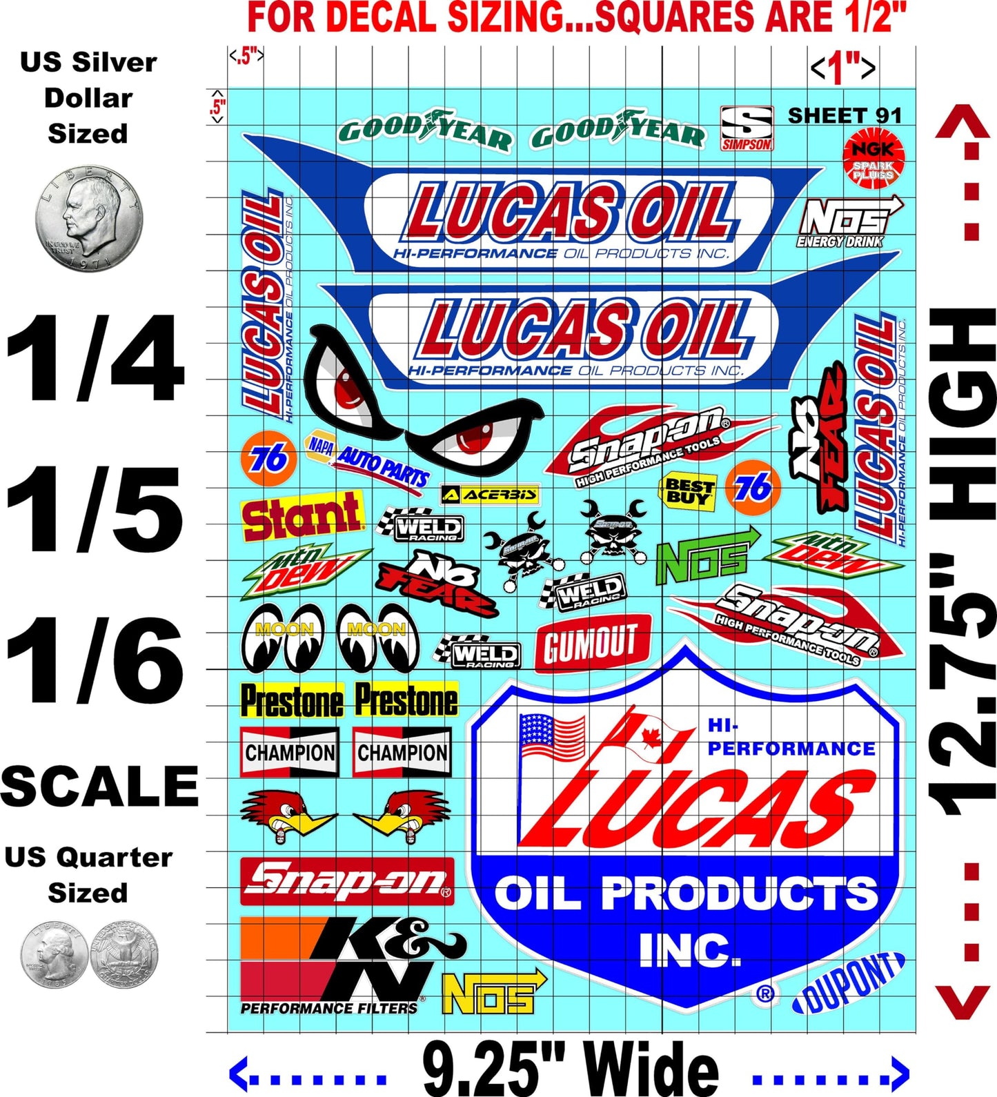 White Vinyl Sheet 91 R/C Racing Sponsor Sticker Gang Sheet Wrench -1/4-1/5 � 1/6th Scale Model Decal Sticker Sheet Radio Control Lexan Body � Die-Cut to Shape - Peel & Stick � Water Slide - Car