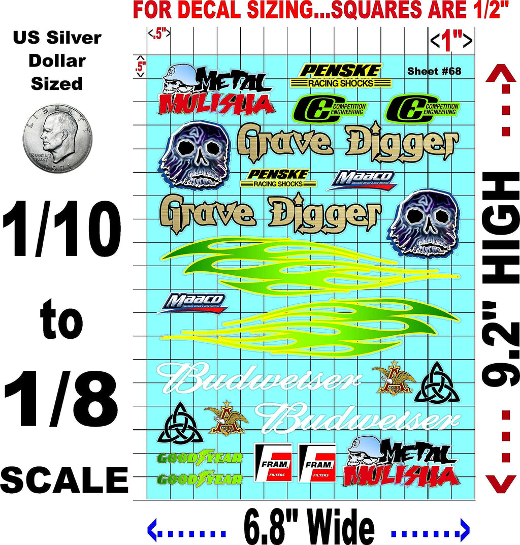 Clear Vinyl Sticker Variety Sheet 68-1/10th - 1/8th Scale Large 6.8" x 9.2"h Vinyl R/C Model Decal Sticker Sheet Radio Control Lexan Body
