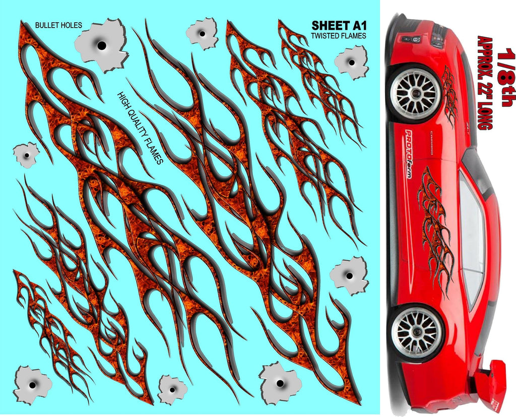 Clear Sheet Twisted Flames A1 Vinyl R/C Racing Sponsor Sticker Gang Sheet-1/4-1/5-1/6th Scale Decal Sticker Radio Control Lexan Body�Die-Cut to Shape-Peel & Stick�Water Slide
