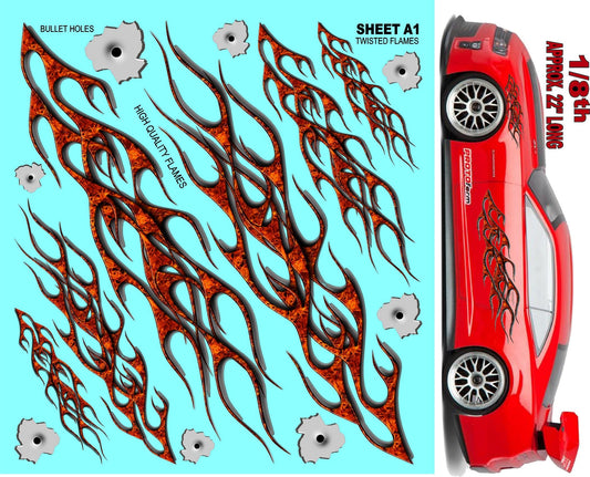 Clear Sheet Twisted Flames A1 Vinyl R/C Racing Sponsor Sticker Gang Sheet-1/4-1/5-1/6th Scale Decal Sticker Radio Control Lexan Body�Die-Cut to Shape-Peel & Stick�Water Slide
