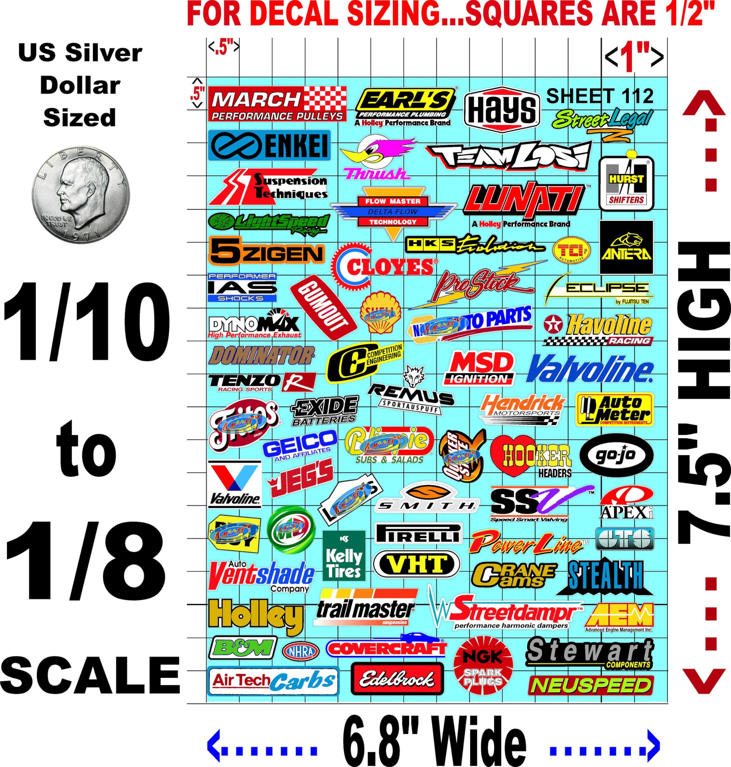 White Vinyl Sticker Sheet 112 Variety-1/10th - 1/8th Scale Large 6.8" x 9.2"h Vinyl R/C Model Decal Sticker Sheet Radio Control Lexan Body