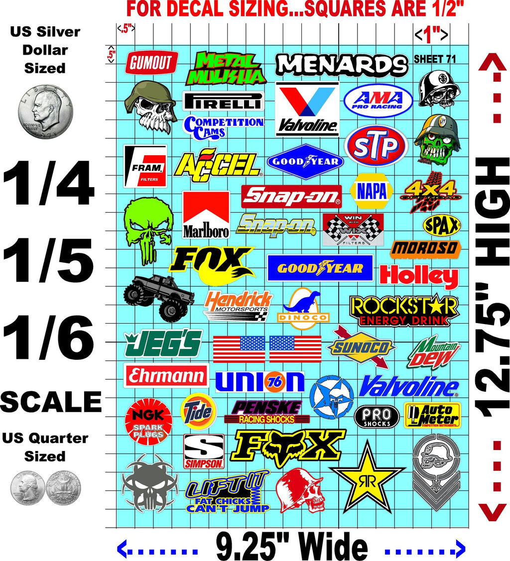 White Vinyl Sheet 71 R/C Racing Sponsor Sticker Gang Sheet Wrench -1/4-1/5 � 1/6th Scale Model Decal Sticker Sheet Radio Control Lexan Body � Die-Cut to Shape - Peel & Stick � Water Slide - Car