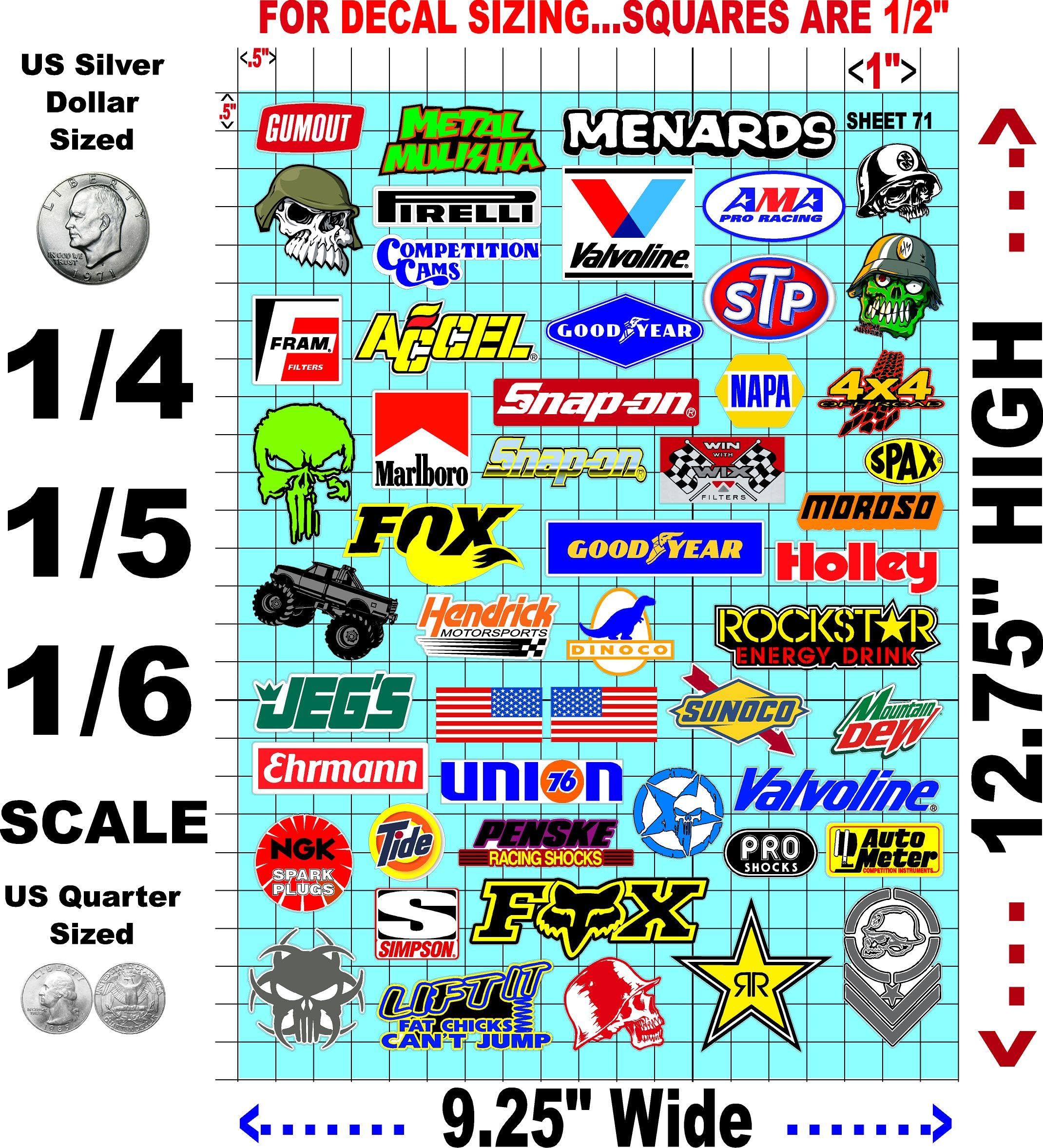 White Vinyl Sheet 71 R/C Racing Sponsor Sticker Gang Sheet Wrench -1/4-1/5 � 1/6th Scale Model Decal Sticker Sheet Radio Control Lexan Body � Die-Cut to Shape - Peel & Stick � Water Slide - Car