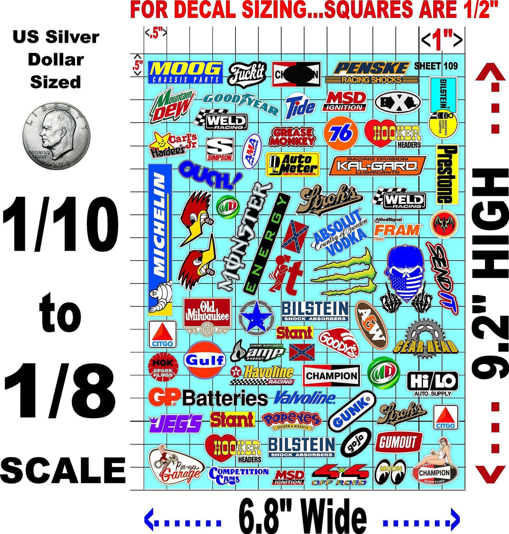 Clear Vinyl Sticker Sheet 109 Variety-1/10th 1/8th Scale Large 6.8" x 9.2"h for Cars, Trucks, Boats Anywhere You can Imagine - Easy to Apply - R/C Model Decal Radio Control Lexan Body