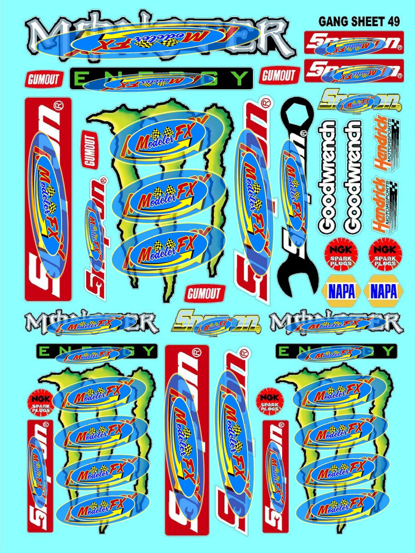 White Vinyl R/C Racing Sponsor Sticker Gang Sheet 49-1/4-1/5 � 1/6th Scale Model Decal Sticker Sheet Radio Control Lexan Body � Die-Cut to Shape - Peel & Stick � Water Slide - Vintage