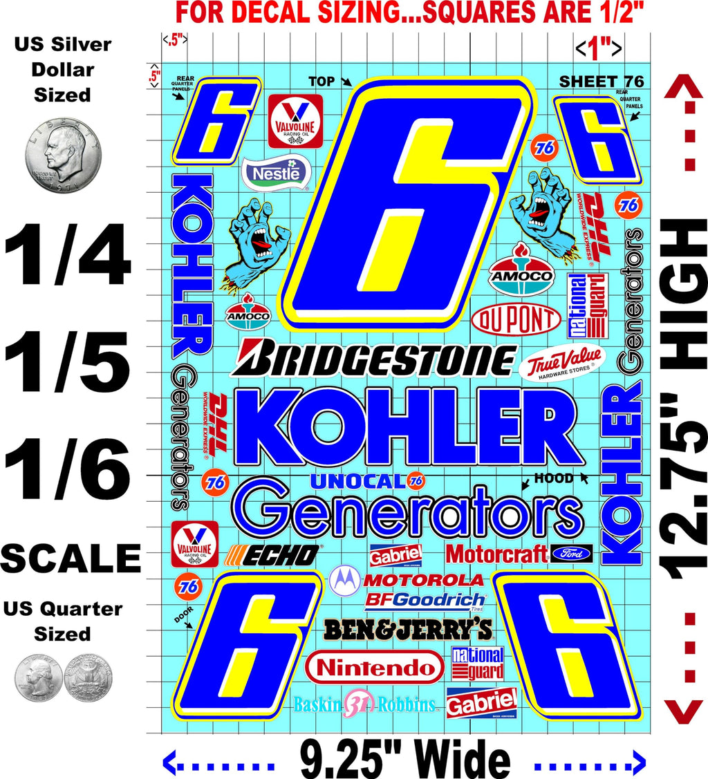 White Vinyl Sheet 76 R/C Racing Sponsor Sticker Gang Sheet Wrench -1/4-1/5 � 1/6th Scale Model Decal Sticker Sheet Radio Control Lexan Body � Die-Cut to Shape - Peel & Stick � Water Slide - Car