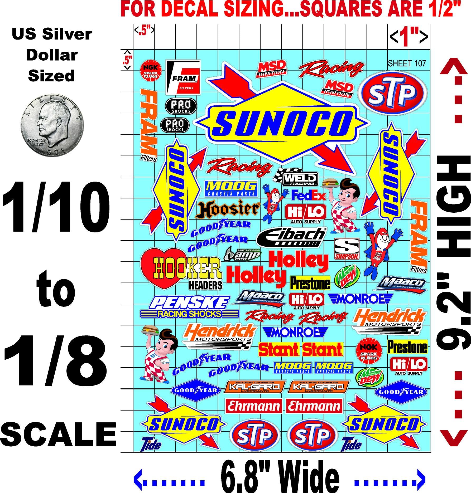 Generic Clear Vinyl Sticker Sheet 107 Variety-1/10th 1/8th Scale Large 6.8"" x 9.2""h for Cars, Trucks, Boats Anywhere You can Imagine - Easy to Apply - R/C Model Decal Radio Control Lexan Body