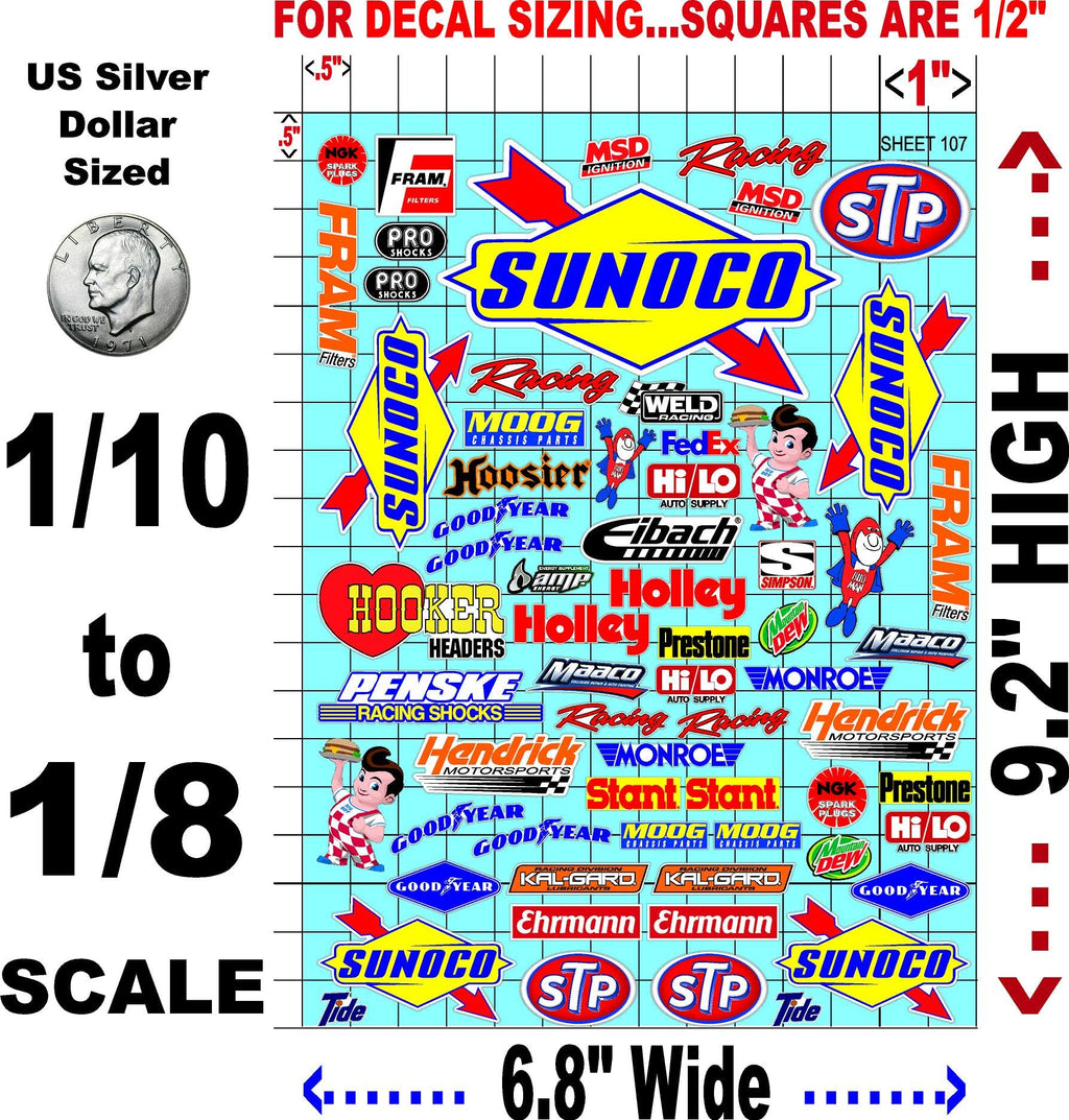 White Vinyl Sticker Sheet 107 Variety-1/10th - 1/8th Scale Large 6.8" x 9.2"h Vinyl R/C Model Decal Sticker Sheet Radio Control Lexan Body