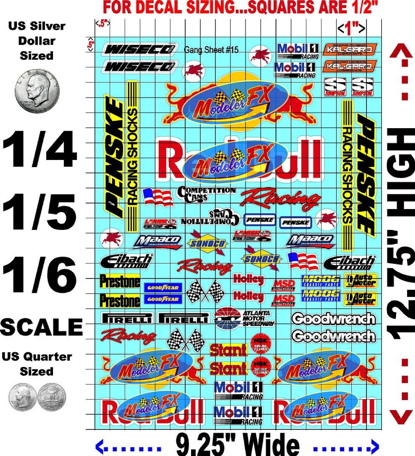 White Vinyl R/C Racing Sponsor Sticker Gang Sheet 15-1/4-1/5 � 1/6th Scale Model Decal Sticker Sheet Radio Control Lexan Body � Die-Cut to Shape - Peel & Stick � Water Slide - Bull - Drinks
