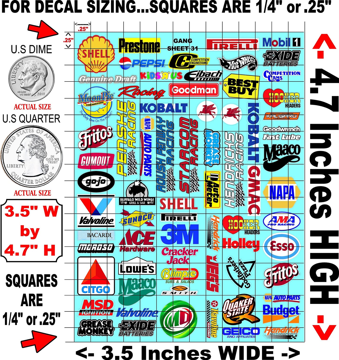 Clear Vinyl R/C Racing Sponsor Sticker Gang Sheet 31-1/24 � 1/16th Scale Model Decal Sticker Sheet Radio Control Lexan Body � Die-Cut to Shape - Peel & Stick � Water Slide