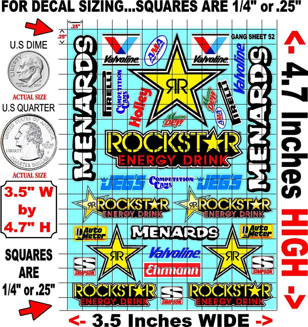 White Vinyl Gloss Rockstar Energy Sheet 52 Stockcar Vinyl R/C Racing Sponsor Sticker Small-1/24-1/16th Scale Model Decal Sticker Radio Control Lexan Body-Graphics for R/c Cars, Boats, Trucks Scale Model–Die-Cut