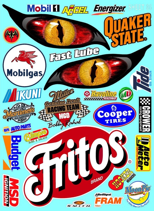 Clear Matte Finish Vinyl Sticker Variety Sheet 86-1/10th - 1/8th Scale Large 6.8" x 9.2"h Vinyl R/C Model Decal Sticker Sheet Radio Control Lexan Body