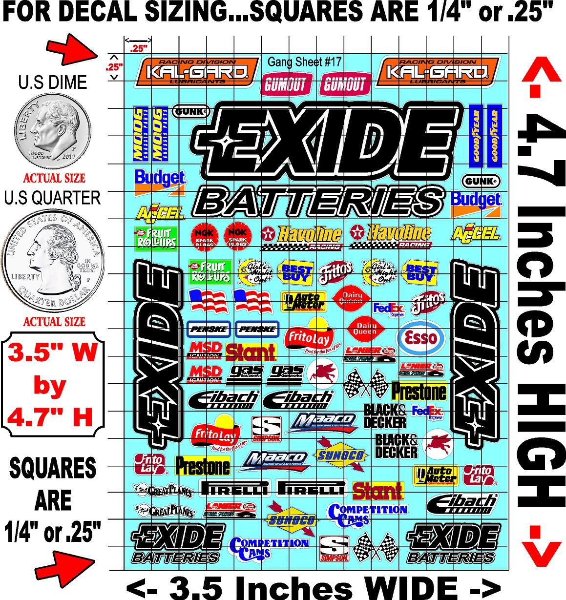 White Vinyl Gloss Exide Sheet 17 Batteries Stockcar Vinyl R/C Racing Sponsor Sticker Small-1/24-1/16th Scale Model Decal Sticker Radio Control Lexan Body-Graphics for R/c Cars, Boats, Trucks Scale Model–Die-Cut