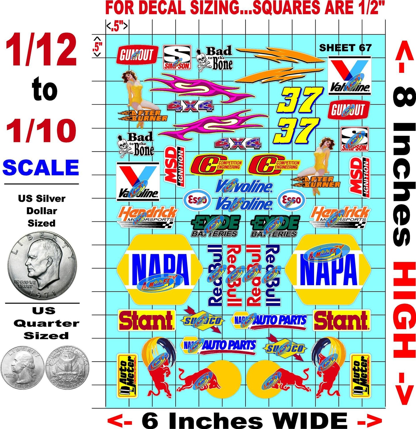 Racing Sponsor Sticker Gang Sheet 67-1/16-1/12-1/10th Scale White Vinyl R/C Model Decal Sticker Sheet Radio Control Lexan Body - Decorate Your R/c Cars, Boats, Trucks Other Scale Model Kit