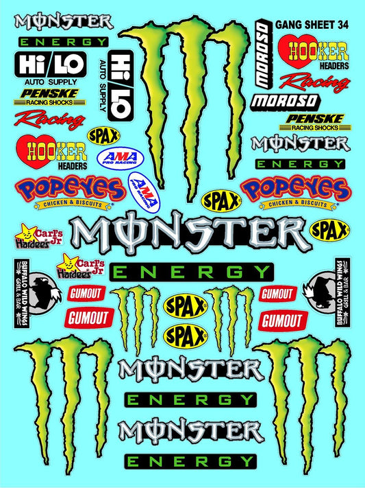 Clear Matte Finish Vinyl Monster Sheet 34 R/C Stockcar Vinyl R/C Racing Sponsor Sticker Small-1/24-1/16th Scale Model Decal Sticker Radio Control Lexan Body-Graphics for R/c Cars, Boats, Trucks Scale Model–Die-Cut