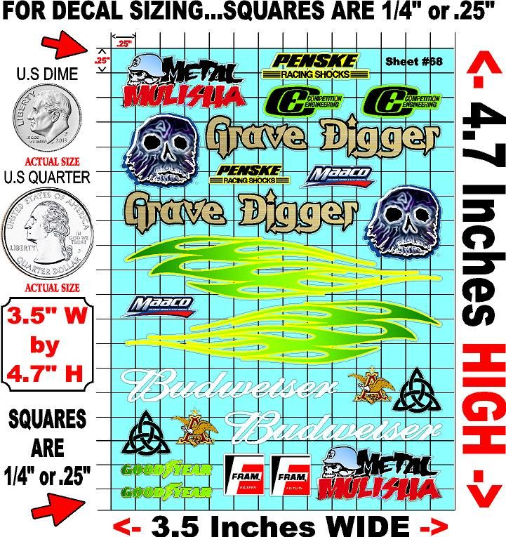 Clear Matte Finish Vinyl Grave Digger Sheet 68 R/C Stockcar Vinyl R/C Racing Sponsor Sticker Small-1/24-1/16th Scale Model Decal Sticker Radio Control Lexan Body-Graphics for R/c Cars, Boats, Trucks Scale Model–Die-Cut