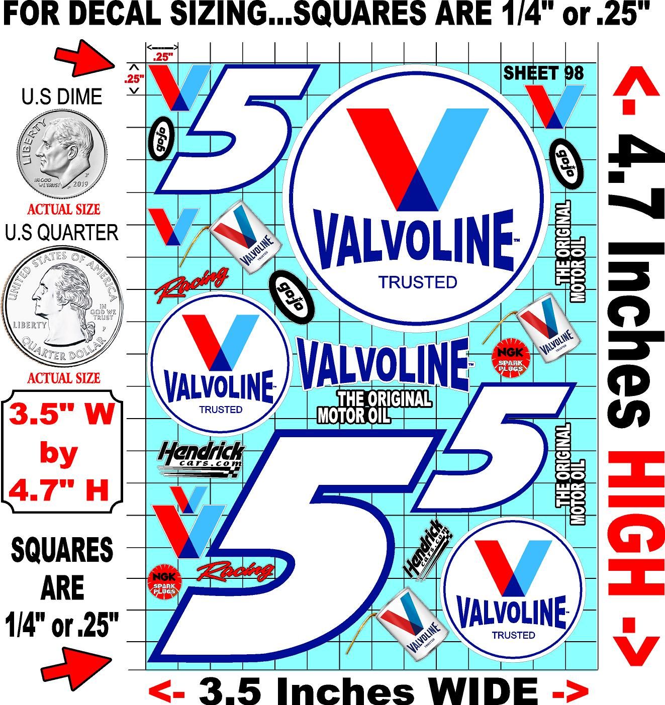 White Vinyl Gloss Valvoline Sheet 98 Stockcar Vinyl R/C Racing Sponsor Sticker Small-1/24-1/16th Scale Model Decal Sticker Radio Control Lexan Body-Graphics for R/c Cars, Boats, Trucks Scale Model–Die-Cut