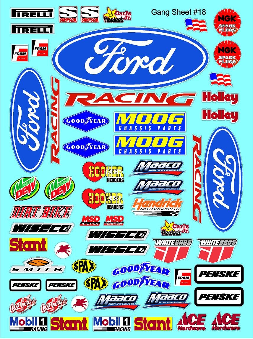 Clear Matte Finish Vinyl Ford Racing Sheet 18 R/C Stockcar Vinyl R/C Racing Sponsor Sticker Small-1/24-1/16th Scale Model Decal Sticker Radio Control Lexan Body-Graphics for R/c Cars, Boats, Trucks Scale Model–Die-Cut