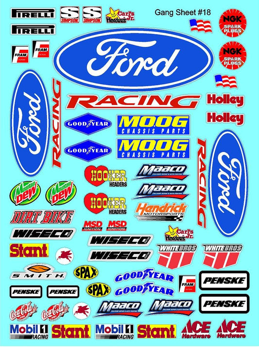 Clear Matte Finish Vinyl Ford Racing Sheet 18 R/C Stockcar Vinyl R/C Racing Sponsor Sticker Small-1/24-1/16th Scale Model Decal Sticker Radio Control Lexan Body-Graphics for R/c Cars, Boats, Trucks Scale Model–Die-Cut